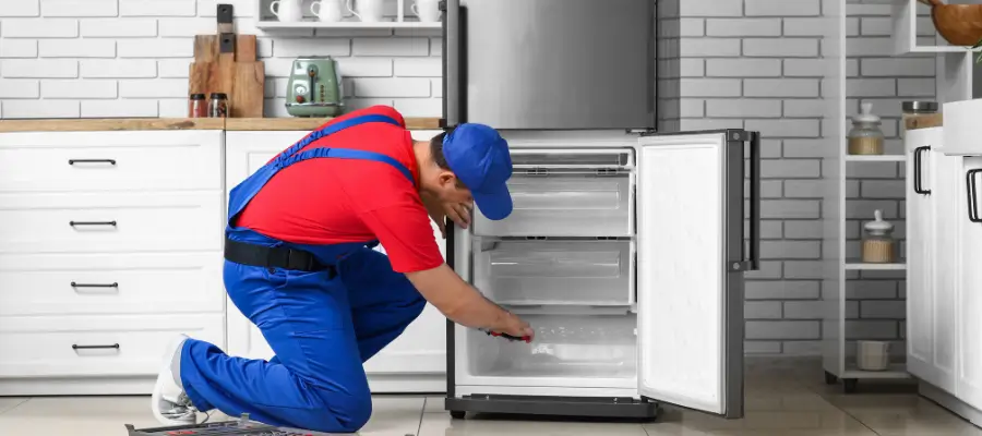 GE refrigerator ice maker being replaced by Blueb Services.